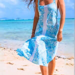 Lilibridge The Blue Tropics Midi Dress Womens S Beach Coastal Flowy Coverup NEW
